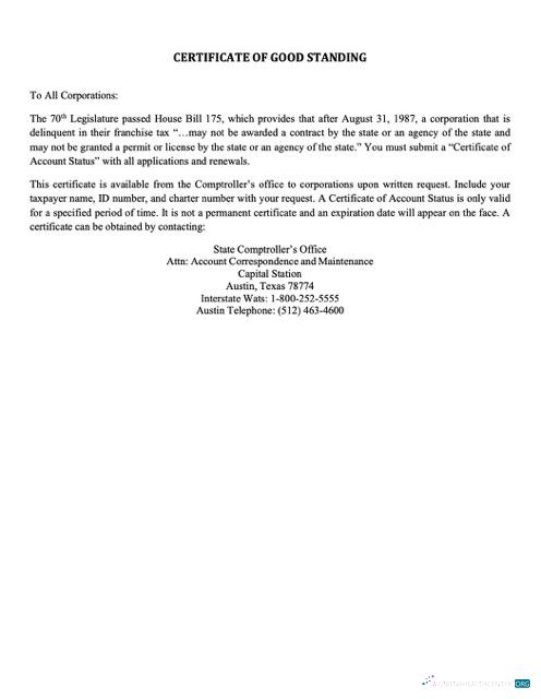 Download USA Texas certificate of good standing Word and PDF template Photoshop template